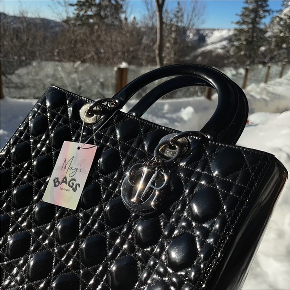 Dior: Lady Dior Charms Patent Enamel Cannage Lambskin Shoulder Handbag (Black) - Picture 9 of 16